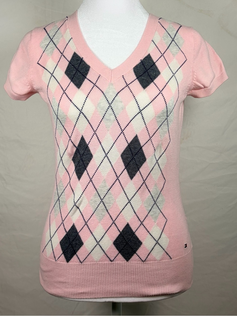 Tommy Hilfiger Pink Argyle V-Neck Short Sleeve Sweater